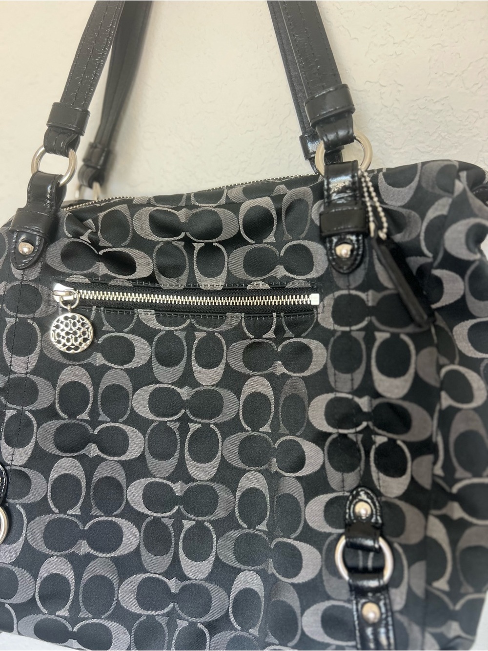 Coach Y2K Alexandra Black Gray Signature Satchel Top Handle Zip Detachable Strap